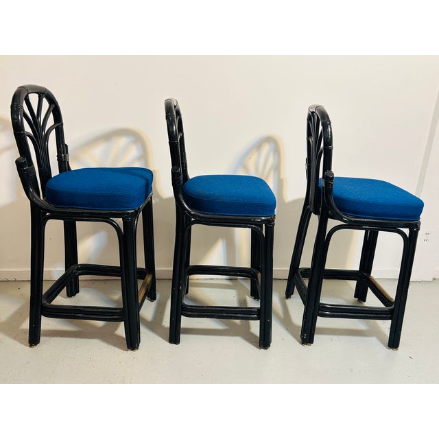 Blue 1970s Vintage Rattan Counter Stools Trio Blue Seats Fan Back For Sale - Image 8 of 12