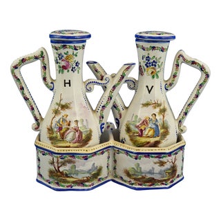 Antique Rococo Ceramic Oil and Vinegar Set by Veuve Perrin, 1700s, Set of 3 For Sale