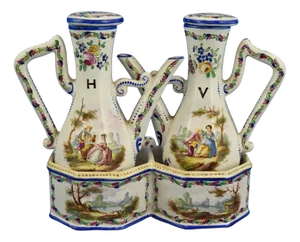 Antique Rococo Ceramic Oil and Vinegar Set by Veuve Perrin, 1700s, Set of 3