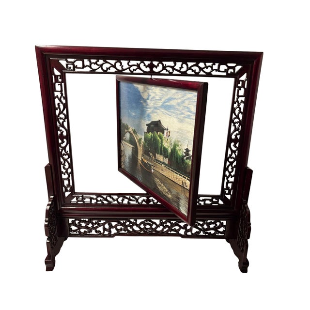 Wood Chinese Double Sided Embroidered Silk Table Screen For Sale - Image 7 of 10