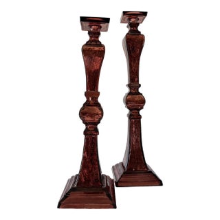 1990s Pair John Richard Oversized Aubergine Mercury Glass Tall Candlesticks 25” Hollywood Regency For Sale