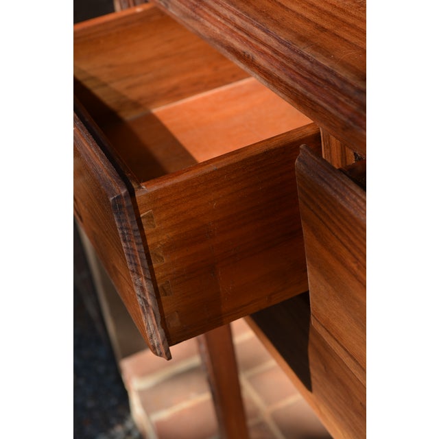 Chestnut 1980s Vintage Wooden English Tall Legged Cabinet or Desk W/ 3 Drawers & Carving For Sale - Image 8 of 12