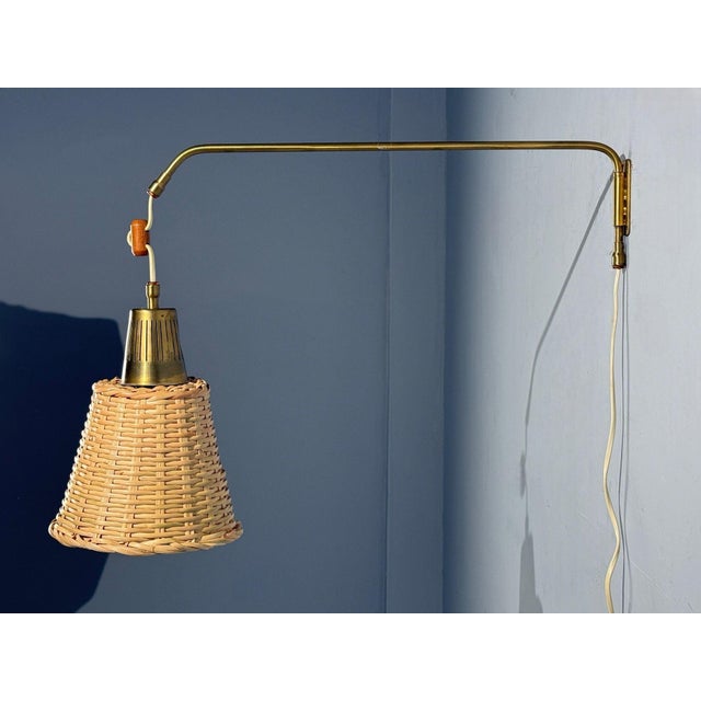 Mid-Century Modern 1970s Ateljé Lyktan, Articulating Wall Light, Brass, Cane, Teak For Sale - Image 3 of 8