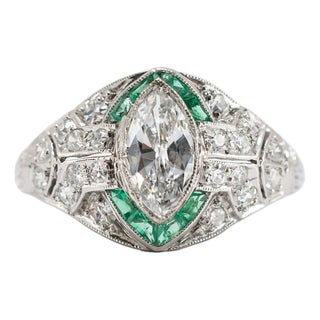Antique Art Deco Platinum 0.97ctw Marquise Diamond Halo Emerald Engagement Ring, Size 5 For Sale