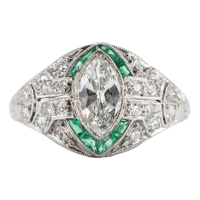 Antique Art Deco Platinum 0.97ctw Marquise Diamond Halo Emerald Engagement Ring, Size 5 For Sale