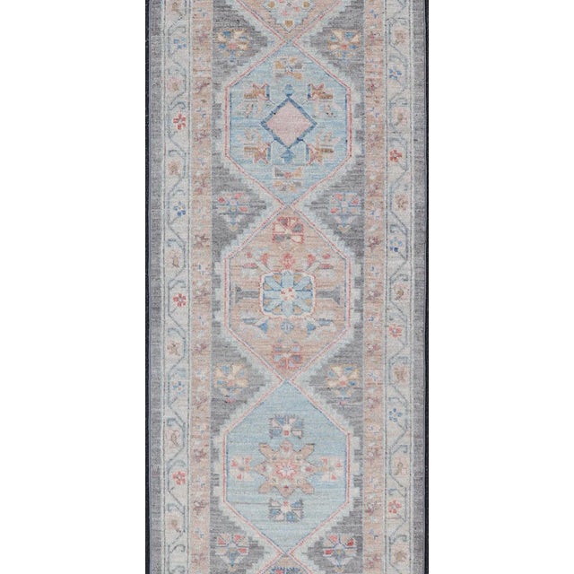 Floral Medallion Oushak Runner With Tribal Motifs and on a Gray Background For Sale - Image 4 of 13