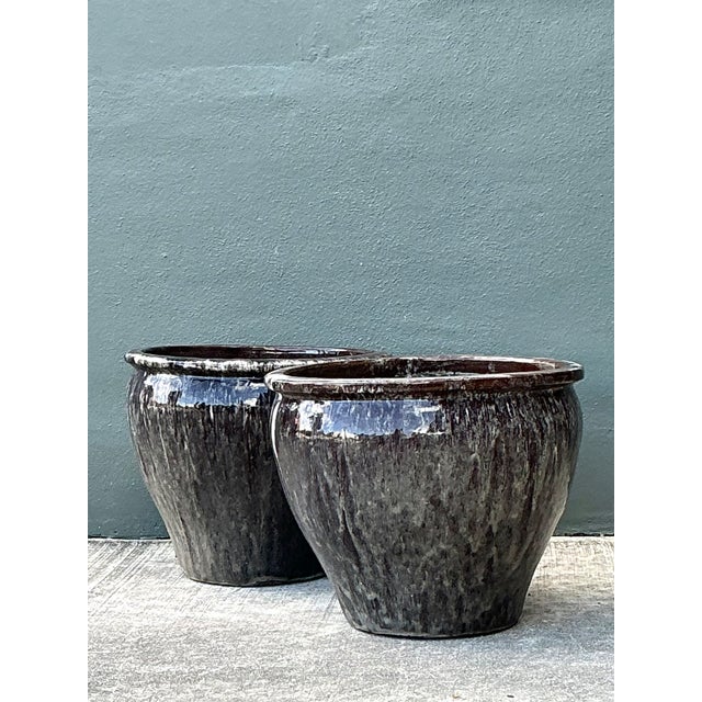 Late 20th Century Vintage Glazed Ceramic Planters - Pair For Sale - Image 5 of 12