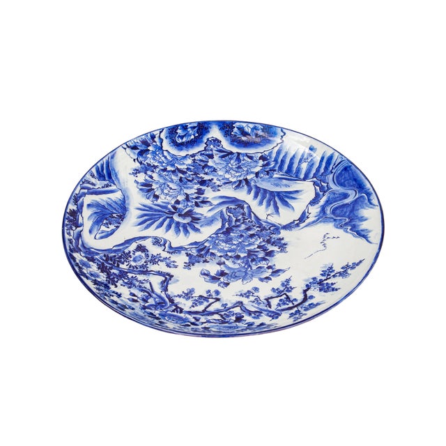 Late 20th Century Large Blue & White Chinoiserie Porcelain Charger With Peacocks & Floral Motif For Sale - Image 4 of 9