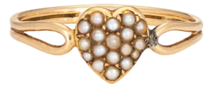 Antique Victorian Seed Pearl Heart Ring 18k Yellow Gold Band Vintage Jewelry, Size 7.5
