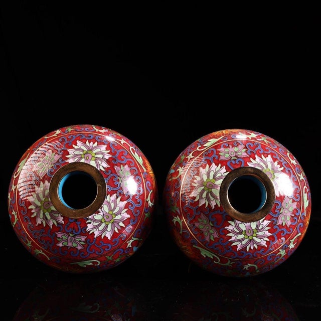 Asian Pair of Gilt Bronze Cloisonné Enamel Floral Meiping Vases For Sale - Image 3 of 9