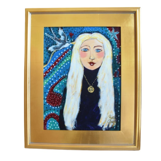 2020s French Blue-Eyed Mademoiselle W/ Long Blonde Hair and Bird Painting Including the Antiqued Gold Wood Frame For Sale - Image 5 of 10