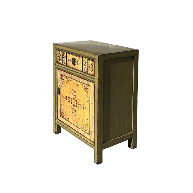 Contemporary Beige Base Floral Pattern Graphic Olive Green Body End Table Nightstand For Sale - Image 3 of 5