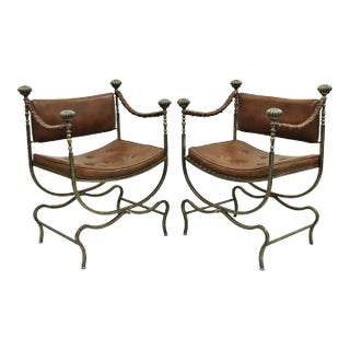 Mid 20th Century Vintage Renaissance Style Iron Savonarola Curule Campaign Arm Chairs - a Pair For Sale