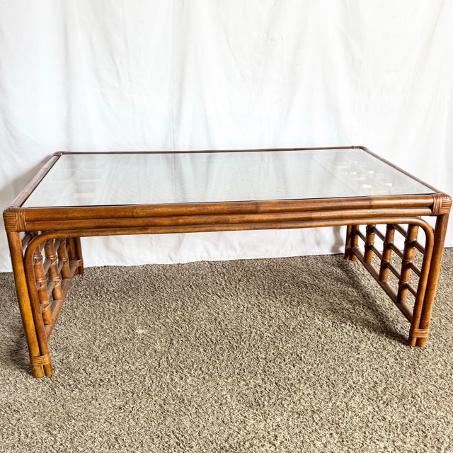Boho Chic Rattan and Wicker Inlaid Glass Top Coffee Table For Sale - Image 10 of 10