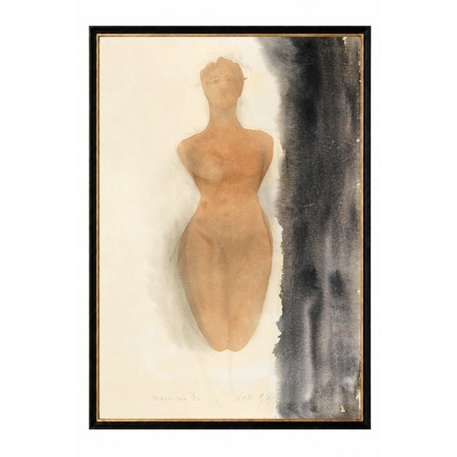 This vintage nude figure art print by Auguste Rodin features a striking female form rendered in warm ochre, cream, and...