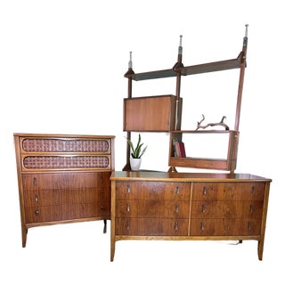 1960s Lane Perception Bedroom Set - Walnut Lowboy Dressers + Highboy Dresser Chest of Drawers For Sale