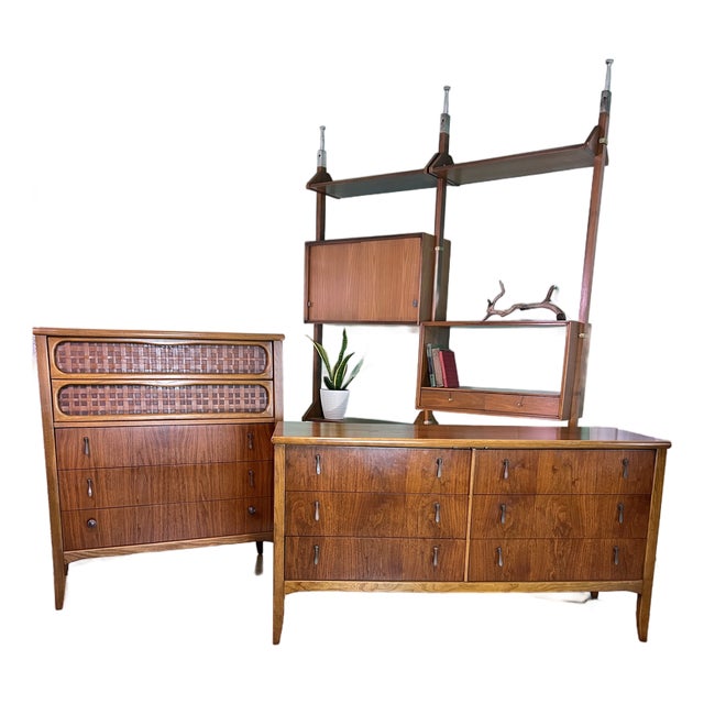 1960s Lane Perception Bedroom Set - Walnut Lowboy Dressers + Highboy Dresser Chest of Drawers For Sale
