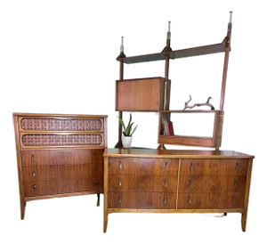1960s Lane Perception Bedroom Set - Walnut Lowboy Dressers + Highboy Dresser Chest of Drawers