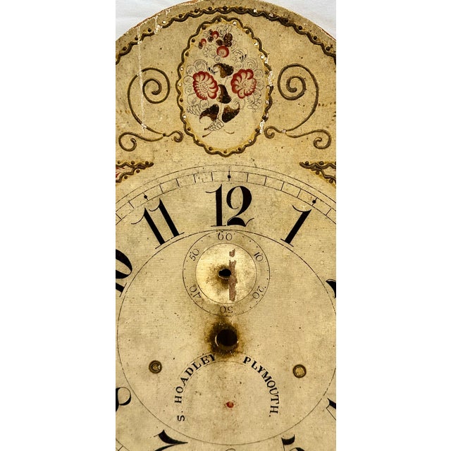 Wood Antique American Hand Painted Wood Grandfather Clock Dial by Connecticut Maker Silas Hoadley - Circa Very Early 1800s For Sale - Image 7 of 18