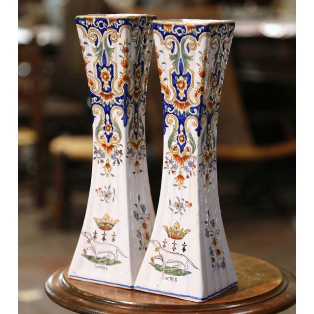 Late 19th Century Pair of 19th Century French Hand-Painted Faience Trumpet Vases For Sale - Image 5 of 11