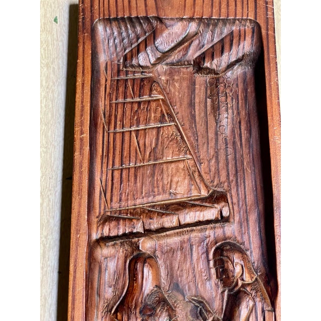 Mid 20th Century Mid 20th Century French Cottage Hand Carved Pine Panel Café Scene Wall Hanging Decoration Couple For Sale - Image 5 of 11