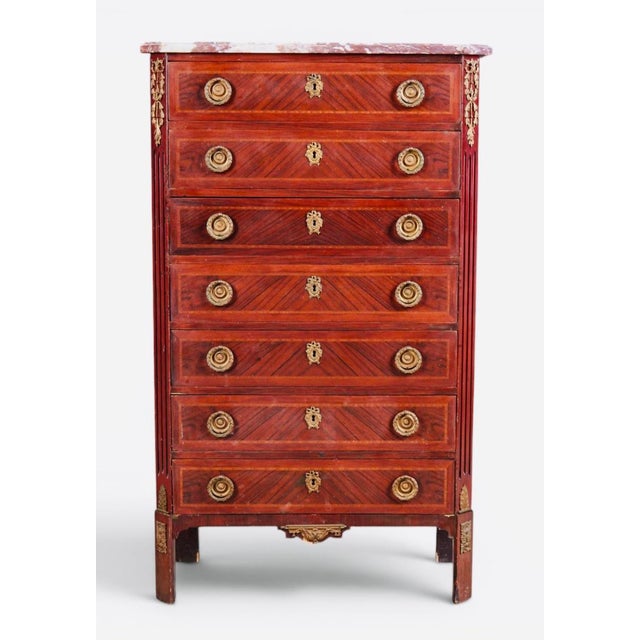 Pair of 19th Century French Louis XVI Gilt-Bronze & Parquetry Marble-Top Semainiers For Sale - Image 10 of 11