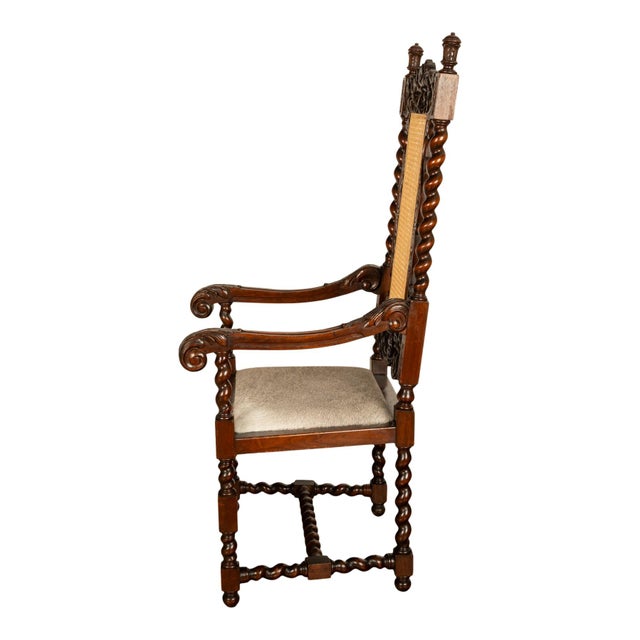 Antique French Louis XIII Carved Walnut Barley Twist Armchair Cane Cowhide 1880 For Sale - Image 4 of 13