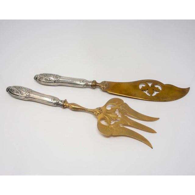 Metal French Art Nouveau Sterling and Vermeil 2pc Fish Server Set For Sale - Image 7 of 11