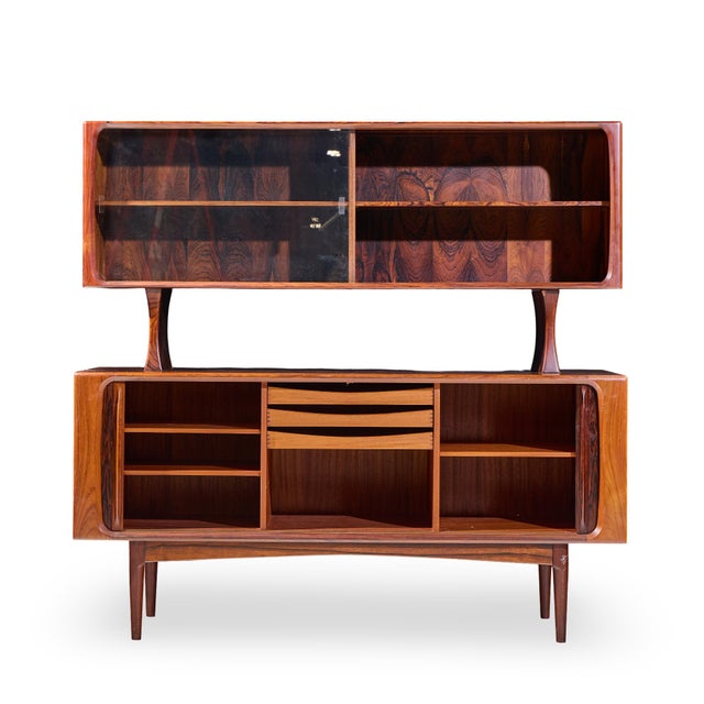 Bernhard Pedersen Mid Century Danish Rosewood Tambour Door Credenza with Hutch The credenza measures: 65 wide x 19.75 deep...
