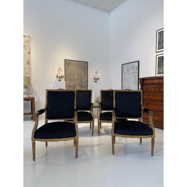 Set of Four Louis XVI–Style Giltwood Armchairs, France, Late 19th Century Good antique condition; professionally...