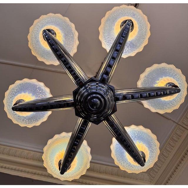 Art Deco Opalescent Glass and Nickel-Plated Bronze Chandelier by Jean Gauthier for Petitot & Ezan, France, 1935 For Sale - Image 15 of 18