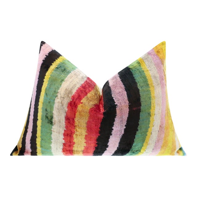 Handmade Multicolored Striped Silk Velvet Throw Pillow With Down Feather Insert For Sale