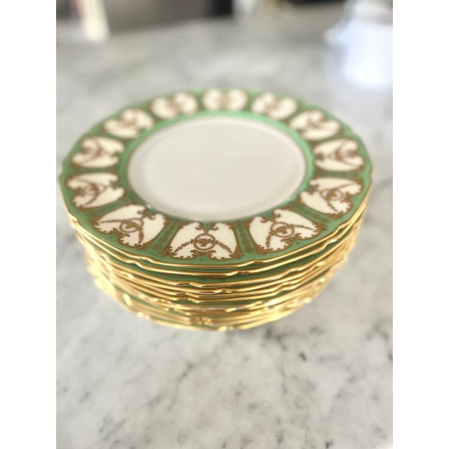 Art Nouveau 1920s Royal Doulton Sevres Green & Gold Gilt Dinner Plates - Set of 12 For Sale - Image 3 of 18