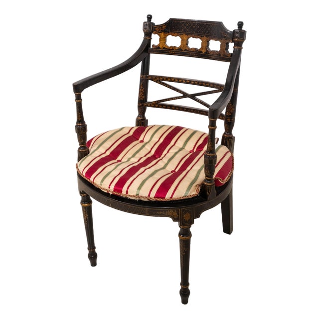 Vintage Regency Style Eglomise & Gilt Cane Seat Armchair For Sale