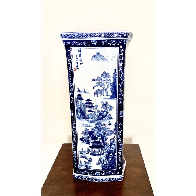 Large Square Chinoiserie Blue and White Hand Painted Ceramic Vase