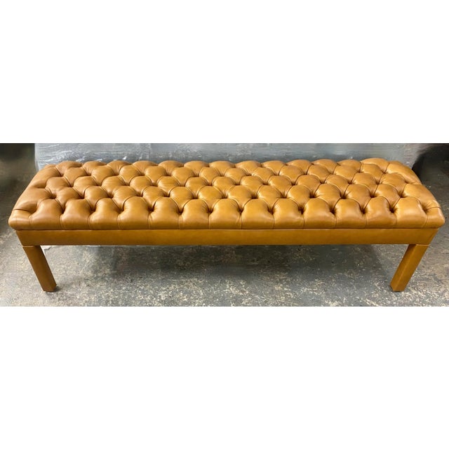 Brown Tufted Caramel Leather Bench With Pleated Corners For Sale - Image 8 of 8