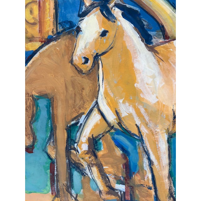 This original acrylic and charcoal work on paper depicts three horses emerging from an expressive, abstract landscape....