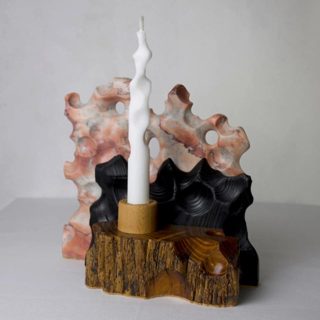 Contemporary Reclaimed Pine and Pink Marble Candle Holder — Yakisugi Charred, Melting Collection | Gabor Gobi For Sale - Image 3 of 10