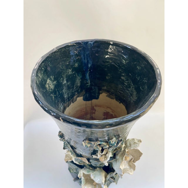 Grand monumental 19th-century French barbotine faience hand-painted floral floor vase. Beautifully decorated in relief (3...