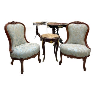 French Louis XV Armchair – Sky Blue Damask Upholstery With Ornate Wood Frame For Sale