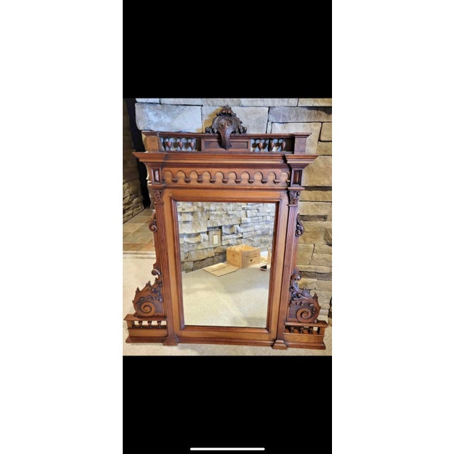 Rare Victorian Antique** Large Intricately Carved Walnut Mirror For Sale - Image 9 of 9