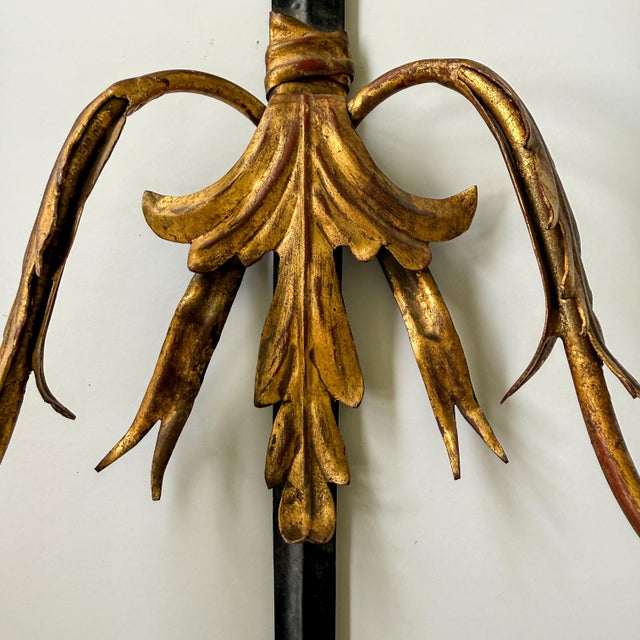 Hollywood Regency Gilt Iron Sword Form Two Arm Candle Wall Sconce, 36”h For Sale - Image 10 of 11