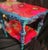 Mid-Century Modern Upcycled Teal & Red Accent Table With Boho Floral & Cheetah Accents For Sale - Image 4 of 5