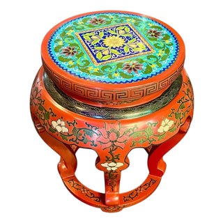 Late 20th Century Vintage Chinese Cloisonne Lacquer Garden Stool-Red Floral Enamel Seat For Sale