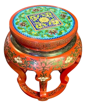 Late 20th Century Vintage Chinese Cloisonne Lacquer Garden Stool-Red Floral Enamel Seat