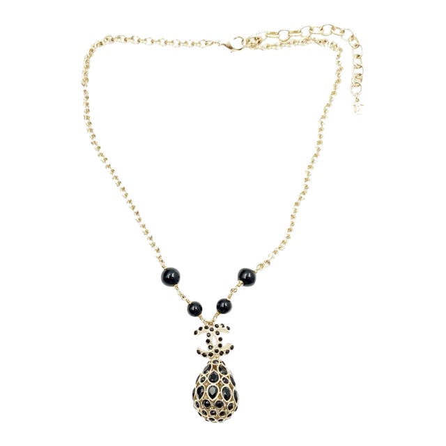 Chanel Brand New Gold CC Black Stone Crystal Tear Drop Pendant Necklace For Sale