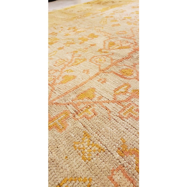 Textile Antique Oushak Carpet, Handmade Oriental Rug, Pale Blue Green, Yellow, Coral Rug For Sale - Image 7 of 18