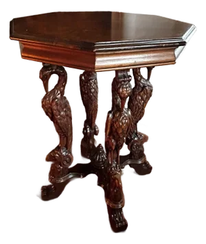 Antique 1920’s Figural Carved Storks With Rams Heads Octagonal Lamp Table