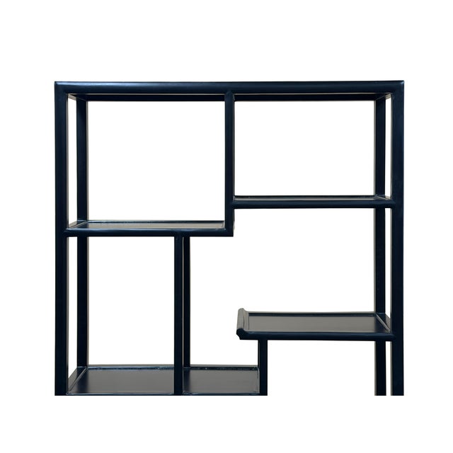 Wood Oriental Asymmetrical Black Lacquer Shelving Display Cabinet Divider For Sale - Image 7 of 9