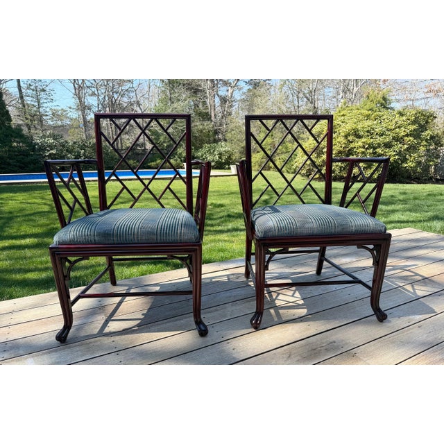 Air of Baker Chinoiserie Lacquered Lounge Chairs With Geometric Lattice Backs & Upholstered Seats For Sale - Image 16 of 18